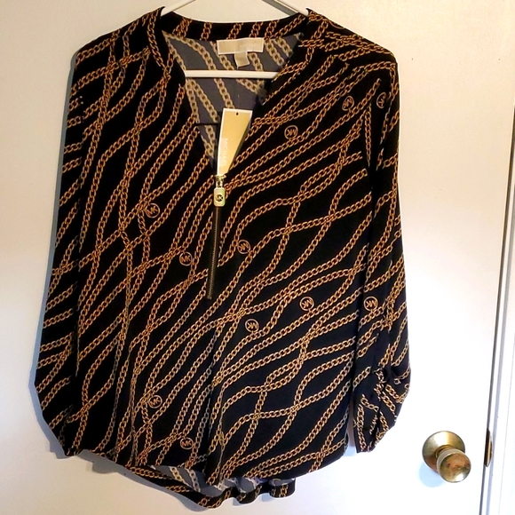 New Michael Michael Kors women's M blue 1/2 zip blouse with gold chain design - Picture 1 of 7